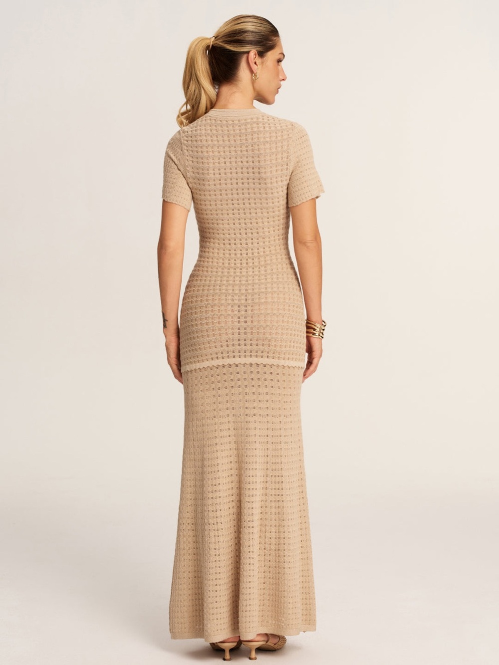 COMMENSE Short Sleeve Crochet Knit Mermaid Maxi Dress Khaki Gold Size S NWT - Picture 2 of 13